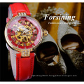 Forsining 188 Golden Skeleton Diamond Watch Design Red Genuine Leather Band Waterproof Ladies Mechanical Watches